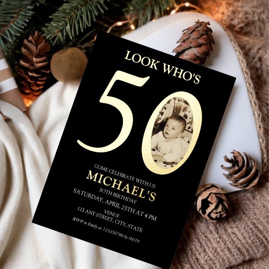 50誕生日旧写真金ゴールド 箔招待状