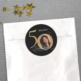50誕生日書道金ゴールド黒エレガント写真 ラウンドシール