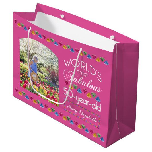 50誕生日最も素晴らしい宝石あなたの写真 ラージペーパーバッグ (正面アングル)