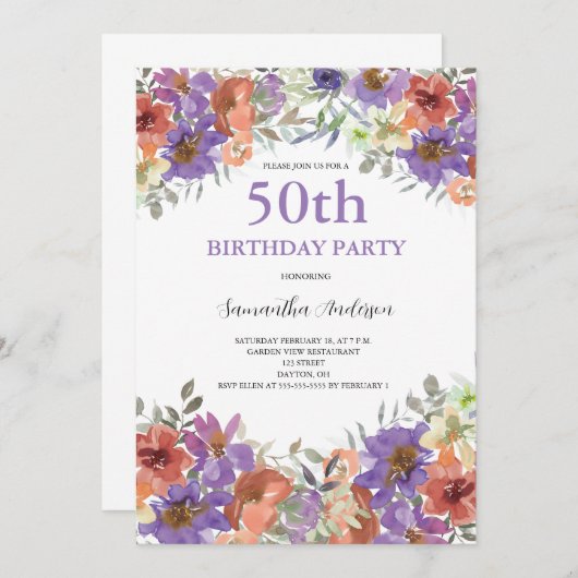 50誕生日水彩フローラ招待状 招待状 (正面/裏面)