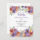 50誕生日水彩フローラ インビテーションポストカード (正面/裏面)