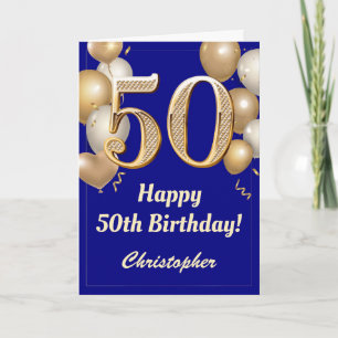 50誕生日海軍ブルー金ゴールドバルーン紙吹雪 カード