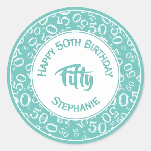 50誕生日番号50パターンティール(緑がかった色)と白 ラウンドシール (正面)