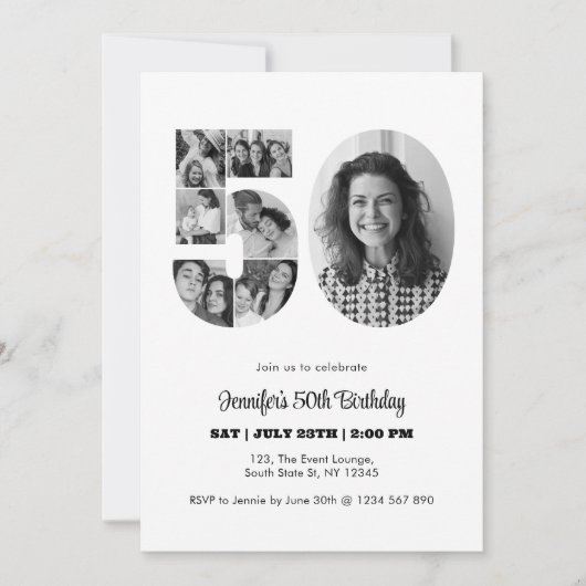 50誕生日番号50フォトコラージュ白黒 招待状 (正面)