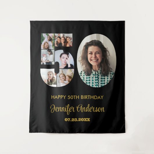 50誕生日番号50フォトコラージュ黒モダン色 タペストリー (正面)