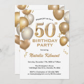 50誕生日白および金ゴールドグリッターバルーン 招待状 (正面/裏面)