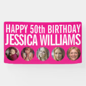 50誕生日白ピンク5つの写真サークル 横断幕 (横)