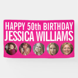 50誕生日白ピンク5つの写真サークル 横断幕