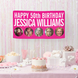 50誕生日白ピンク5つの写真サークル 横断幕