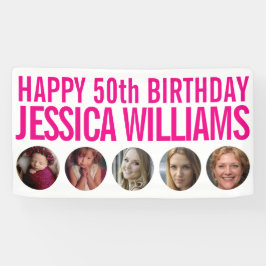 50誕生日白ピンク5つの写真サークル 横断幕