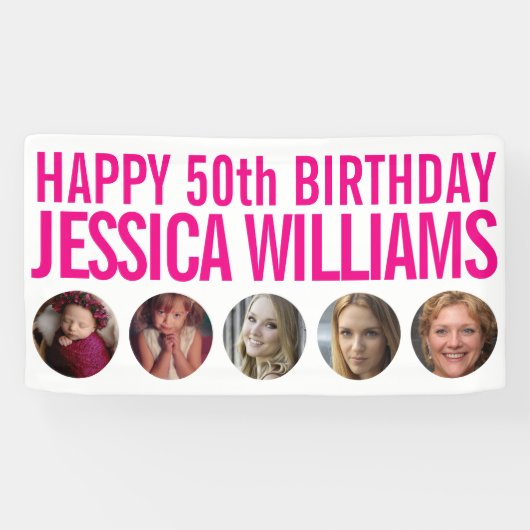 50誕生日白ピンク5つの写真サークル 横断幕 (横)