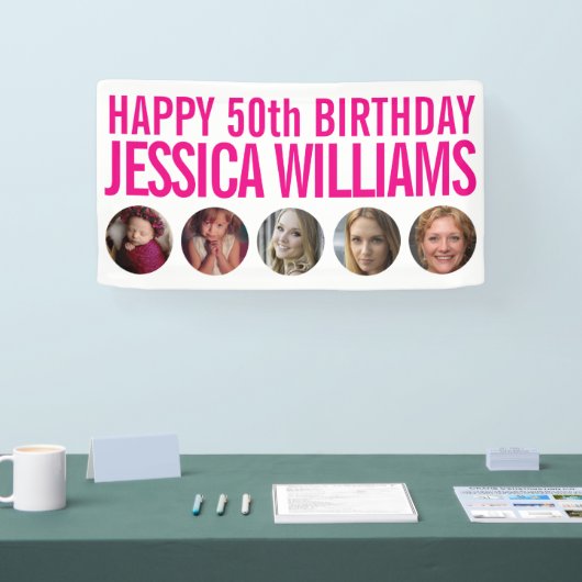 50誕生日白ピンク5つの写真サークル 横断幕 (トレードショー)