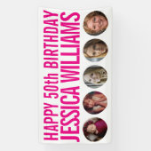 50誕生日白ピンク5つの写真サークル 横断幕 (縦)