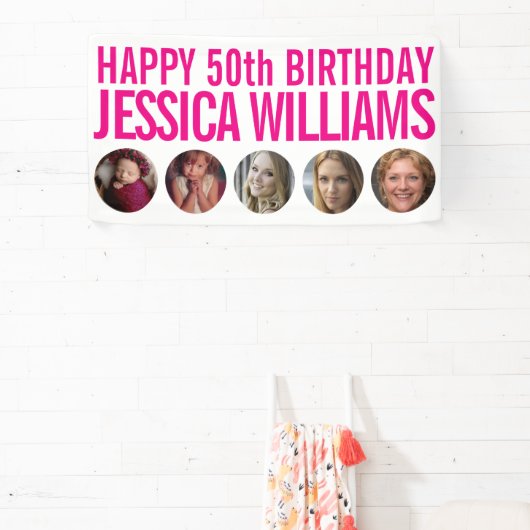 50誕生日白ピンク5つの写真サークル 横断幕 (インサイチュ)