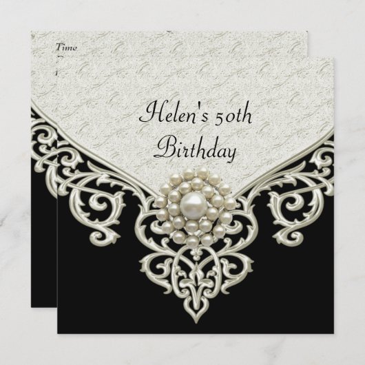 50誕生日白黒クリームパールジュエル 招待状 (正面/裏面)