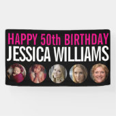 50誕生日白黒ピンク5つの写真サークル 横断幕 (横)