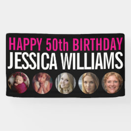 50誕生日白黒ピンク5つの写真サークル 横断幕