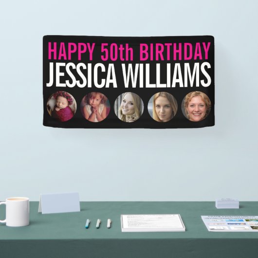 50誕生日白黒ピンク5つの写真サークル 横断幕 (トレードショー)