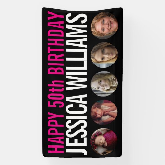 50誕生日白黒ピンク5つの写真サークル 横断幕 (縦)