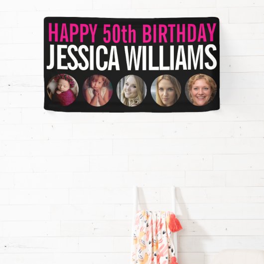 50誕生日白黒ピンク5つの写真サークル 横断幕 (インサイチュ)