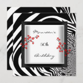 50誕生日白黒レッドゼブラフローラアジア 招待状 (正面/裏面)