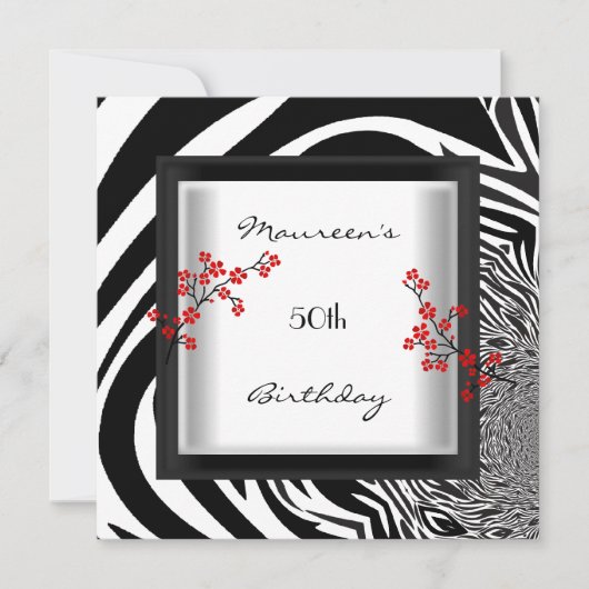 50誕生日白黒レッドゼブラフローラアジア 招待状 (正面)
