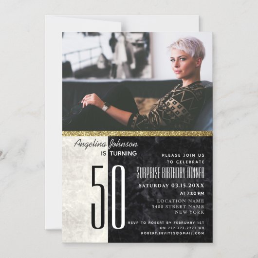 50誕生日白黒大理石写真 マグネット招待状 (正面)