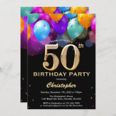50誕生日目の黒と金ゴールドカラフル風船 招待状 (正面/裏面)