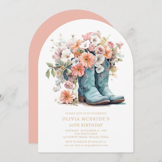 50誕生日素朴女性のカーボーイブーツ花 招待状 (正面/裏面)