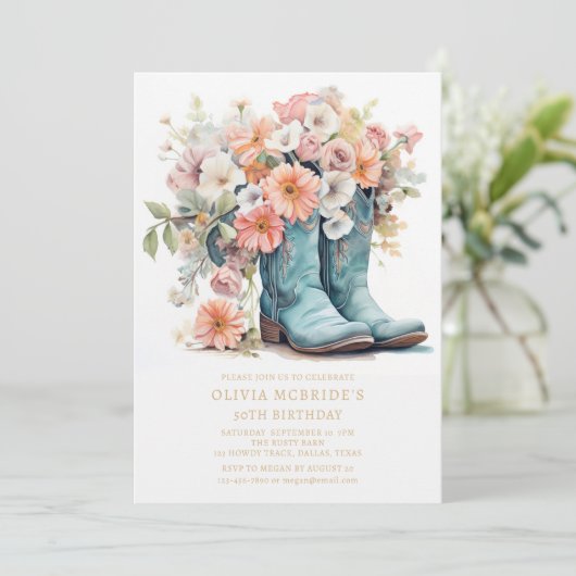 50誕生日素朴女性のカーボーイブーツ花 招待状 (スタンド正面)
