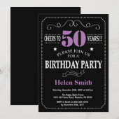 50誕生日紫と黒の黒の黒い黒板 招待状 (正面/裏面)