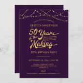 50誕生日紫の金ゴールドストリングライト 招待状 (正面/裏面)