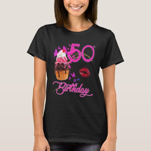 50誕生日蝶とカップケーキ Tシャツ (正面)