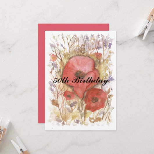 50誕生日赤ポピー 招待状 (正面/裏面インサイチュ)