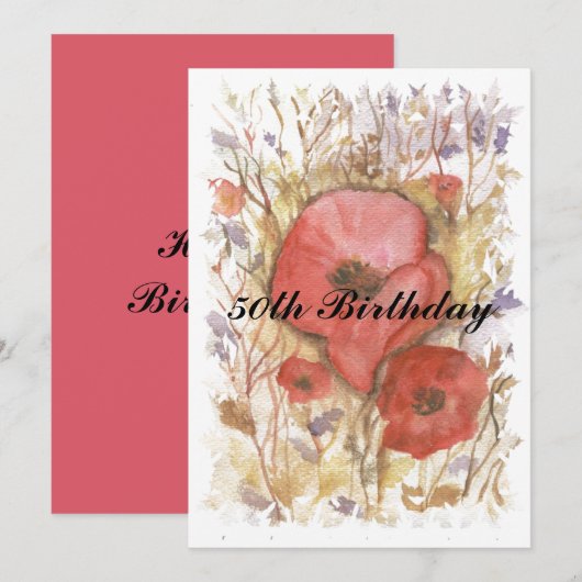 50誕生日赤ポピー 招待状 (正面/裏面)