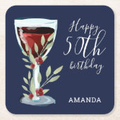 50誕生日赤ワインバラ水色ネイビーブルー スクエアペーパーコースター (正面)