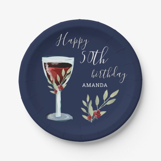 50誕生日赤ワインバラ水色ネイビーブルー ペーパープレート (正面)