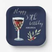 50誕生日赤ワインバラ水色ネイビーブルー ペーパープレート (正面)