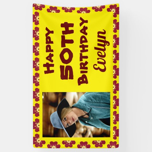 50誕生日赤花写真 横断幕 (縦)