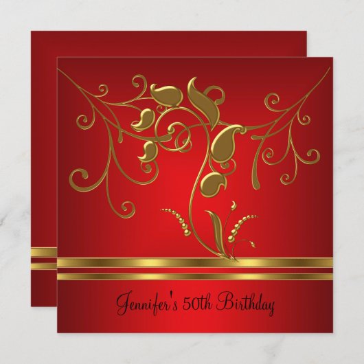50誕生日赤金ゴールド黒フローラ玉 招待状 (正面/裏面)