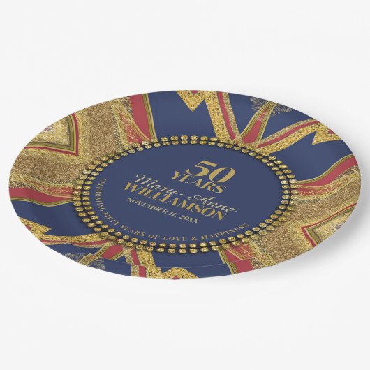 50誕生日赤青金ゴールド図形 ペーパープレート (アングル)