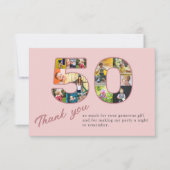 50誕生日赤面ピンクフォトコラージュ サンキューカード (正面)