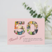 50誕生日赤面ピンクフォトコラージュ サンキューカード (スタンド正面)