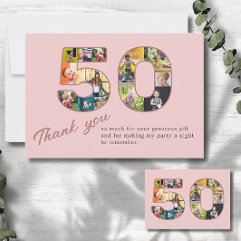 50誕生日赤面ピンクフォトコラージュ サンキューカード