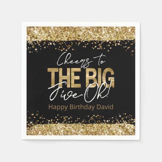 50誕生日金ゴールドとブラックビッグ5オナプキン スタンダードカクテルナプキン (正面)