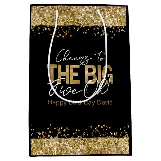 50誕生日金ゴールドとブラックビッグ5-Oh ミディアムペーパーバッグ (正面)