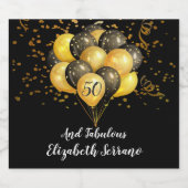 50誕生日金ゴールドと黒紙吹雪と風船 スパークリングワインラベル (シングルラベル)