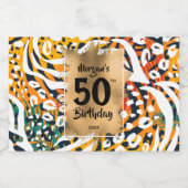 50誕生日金ゴールドオンカラフルアニマルプリントミニ リキュールボトルラベル (シングルラベル)