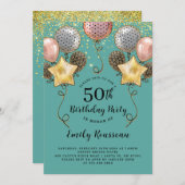 50誕生日金ゴールドグリッター紙吹雪バルーン 招待状 (正面/裏面)
