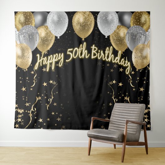 50誕生日金ゴールドシルバー黒バルーン タペストリー (インサイチュ(横))